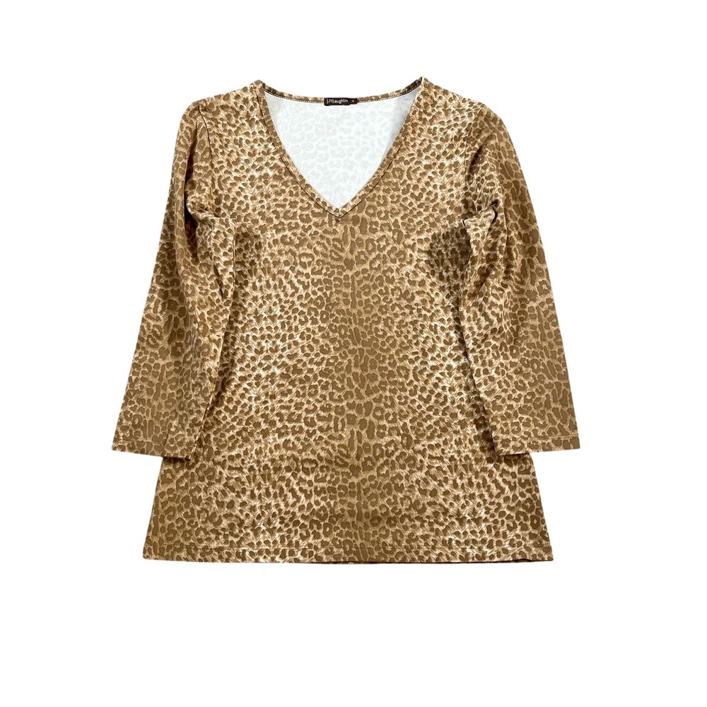 J.McLaughlin Womens Size Small Leopard Print V-Neck 3/4 Sleeve Top Brown Tan